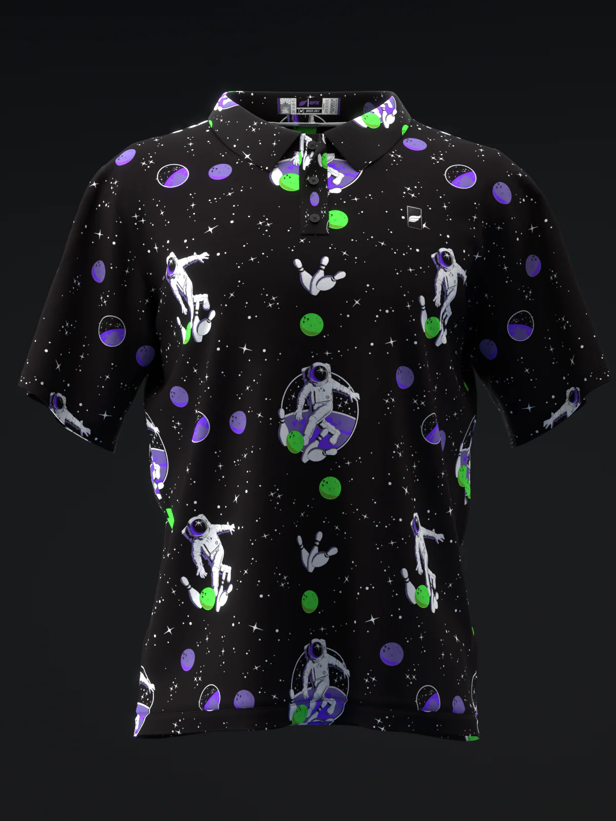Fairways - Space Bowling Neon Green Purple - Bowling Polo - Image 2