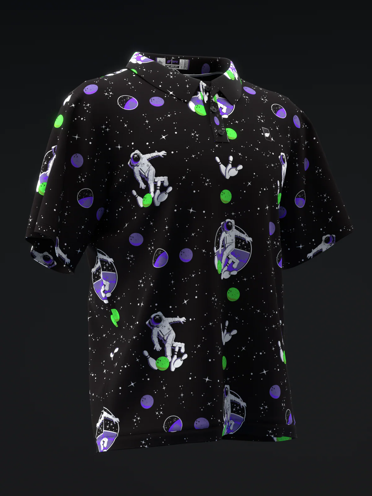 Fairways - Space Bowling Neon Green Purple - Bowling Polo - Image 3